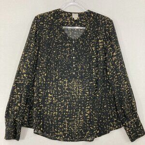 Converse Top size XL Black Tan Abstract Sheer Long Sleeve Popover Blouse